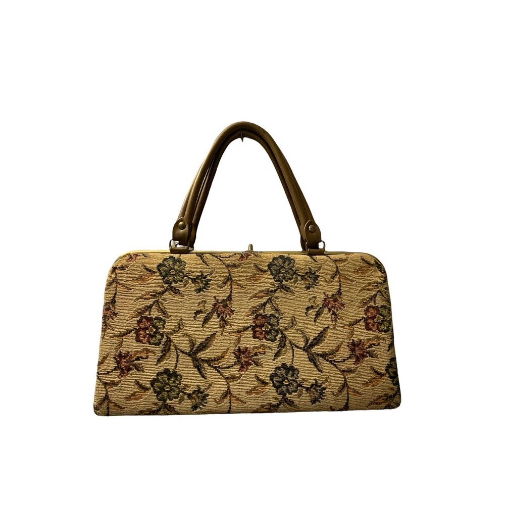 Vintage Tapestry Floral Satchel Kiss lock Handbag -Needlepoint Brown Green